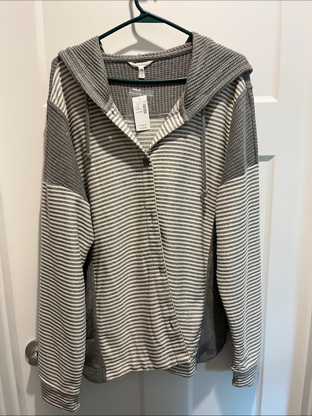 Maurices Gray & White Striped Waffle-Knit Zip Hoodie